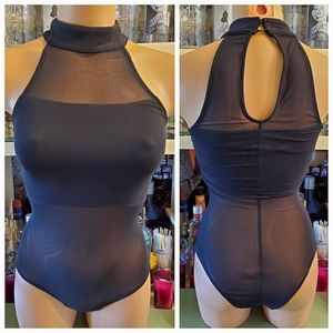 Material Girl Bodysuit Highneck Partly Semisheer Mesh Juniors S. Black EUC